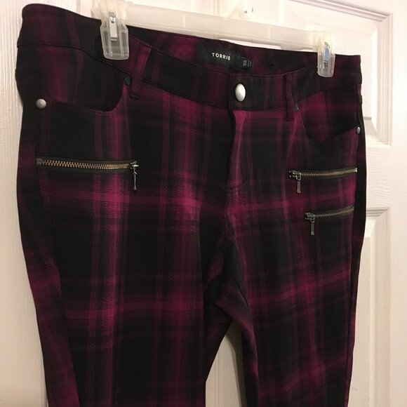 Torrid Berry Plaid Ponte Stretch Ankle Skinny Pants W/ zipper detail - Picture 3 of 9